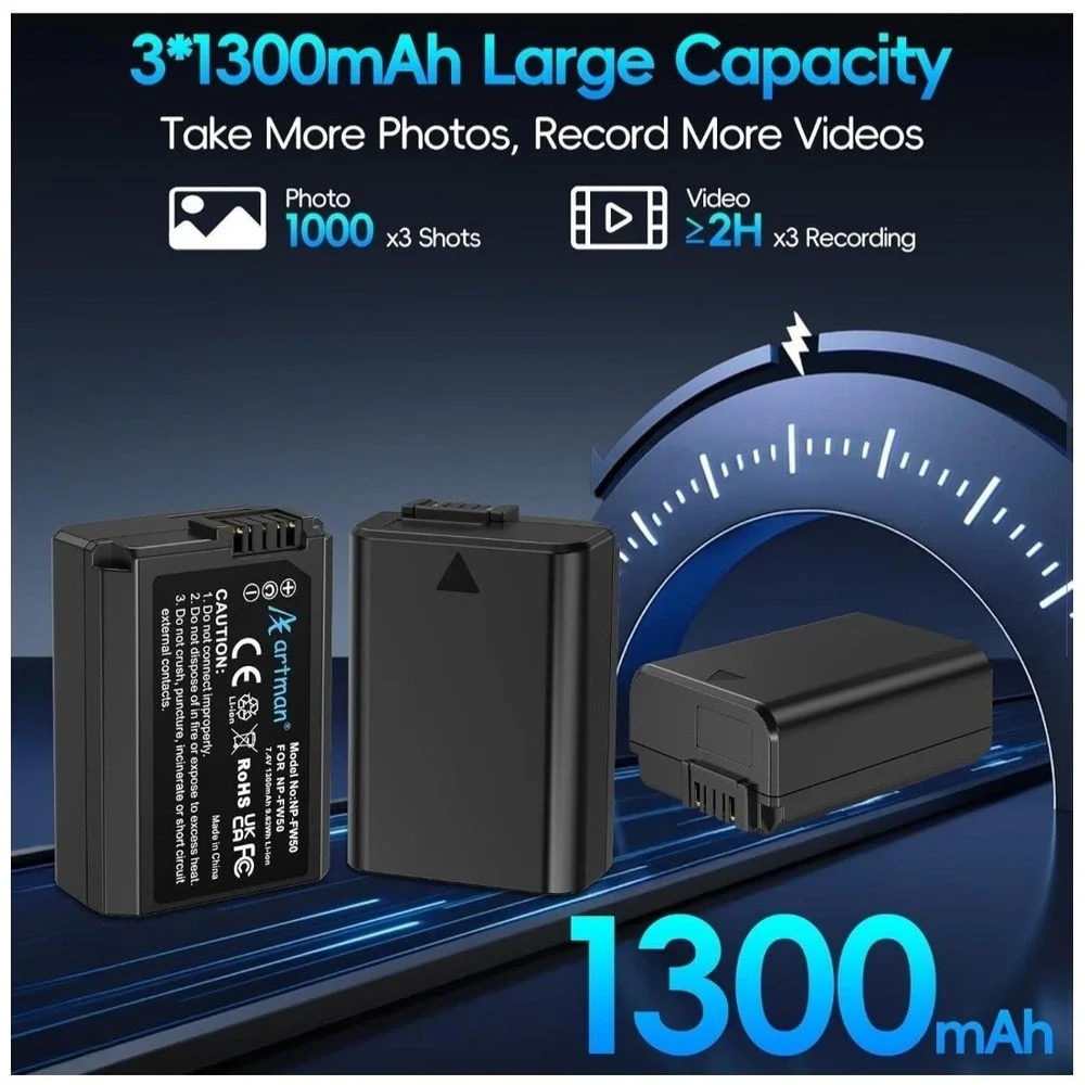 Artman NP-FW50 Battery 3-Pack and‎ Upgraded 3-Slot ZV-E10 Battery LCD Charger